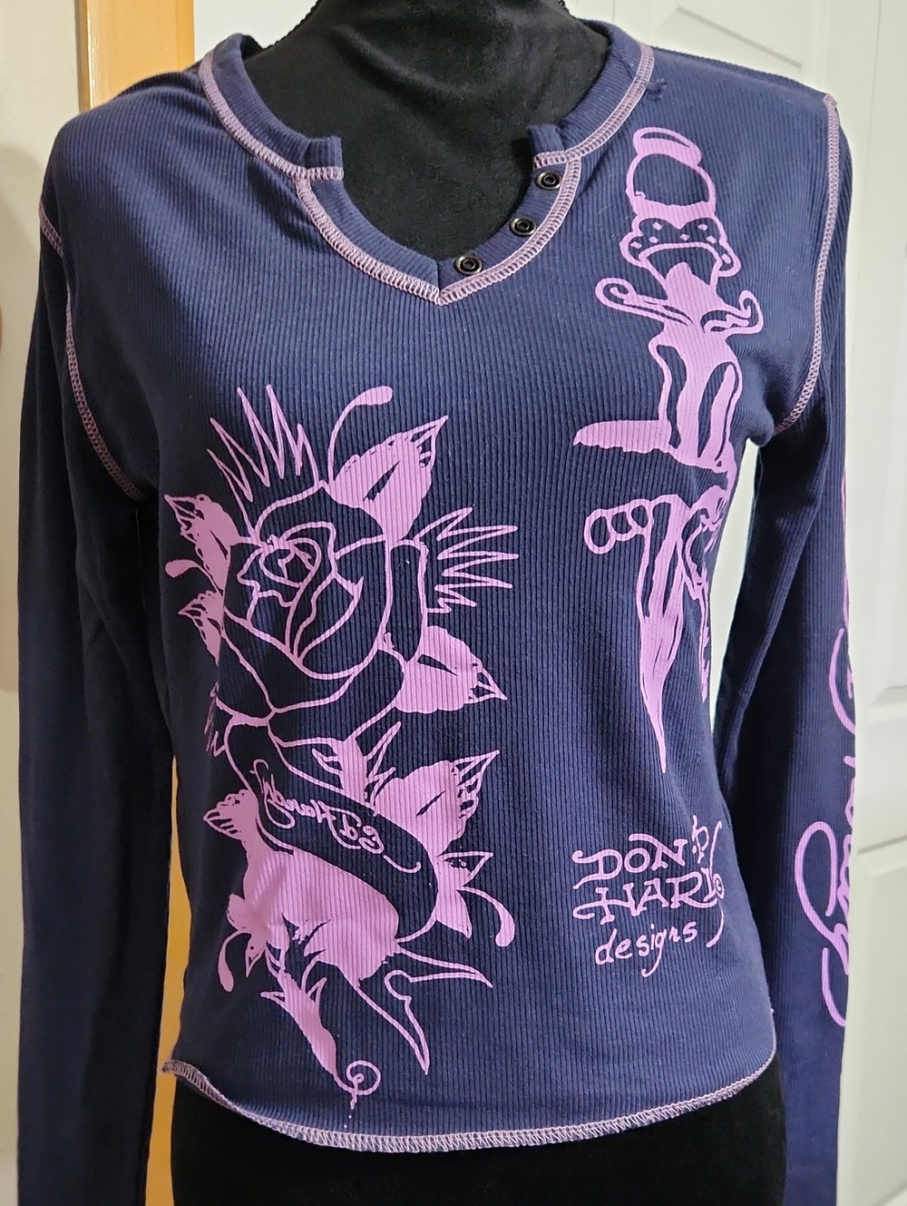 Ed Hardy Navy Long Sleeve Ribbed Tee with Purple Rose and Dagger Graphic